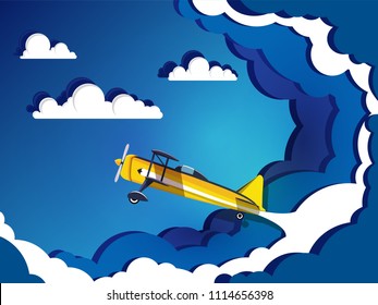Airplane flying on sky with clouds. Paper art  concept.