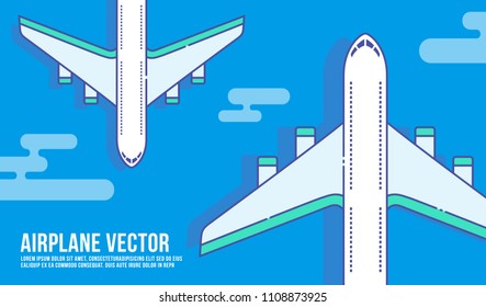 airplane flying on sky vector, top view plane illustration.