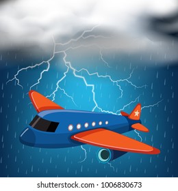 Airplane flying on stormy night with thunders and rain illustration
