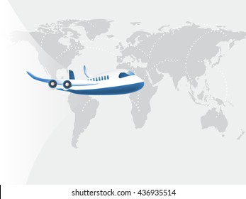 airplane flying on world map background with connecting line and copy space