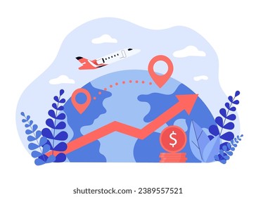 Avión volando de un punto a otro. Ilustración vectorial. Flecha arriba, pila de monedas como símbolo de alto costo de viaje. Disminución del turismo, altos precios del concepto de boletos