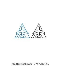 Airplane flying over abstract triangle road symbol aviation concept.