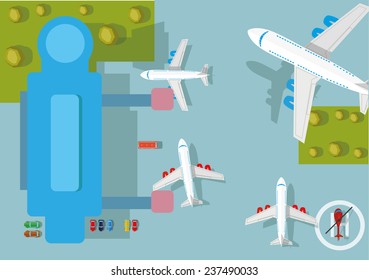 Airplane flying over airport. Vector illustration.