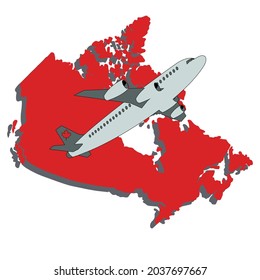 Airplane Flying Over Canada Map,Vector illustration ,Jet Passenger's Airplane