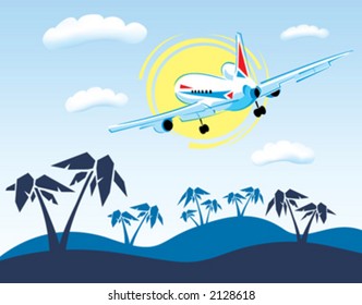 Airplane flying over a carribean island.