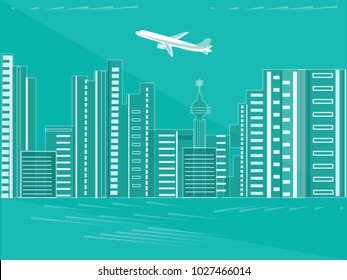 Airplane flying over the city - monochrome turquoise background - vector art illustration. Travel Poster