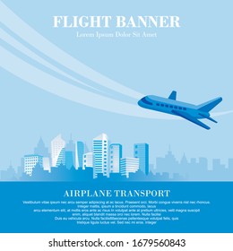 Airplane flying over city skyscrapers. with blue sky, cloud and blue city skyline background. Flat vector Illustration