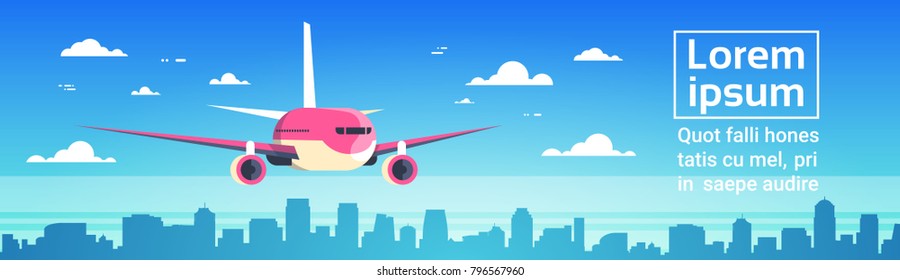 Airplane Flying Over City Skyscrapers Plane In Sky Cityscape Skyline Background With Copy Space Horizontal Banner Flat Vector Illustration