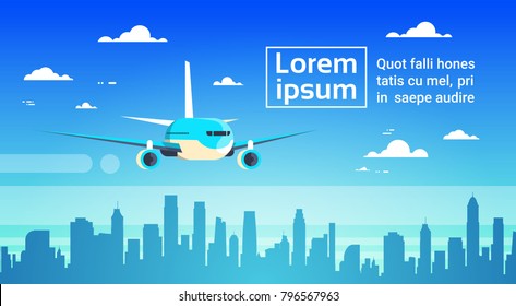 Airplane Flying Over City Skyscrapers Plane In Sky Cityscape Skyline Background With Copy Space Flat Vector Illustration
