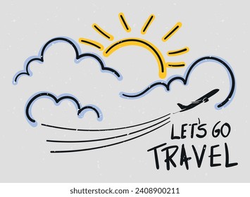 avión volando sobre nubes, ilustración infantil en líneas negras con contorno colorido, texto viajemos