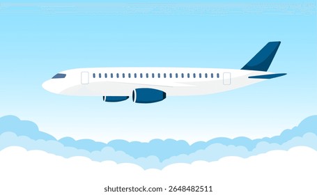 Airplane flying over the clouds in flat style. Plane fly in blue sky. Vector stock