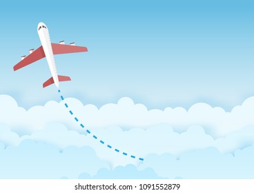 airplane flying over clouds, paper art style. vector illustration background