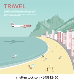 Airplane flying over Copacabana beach in Rio de Janeiro
