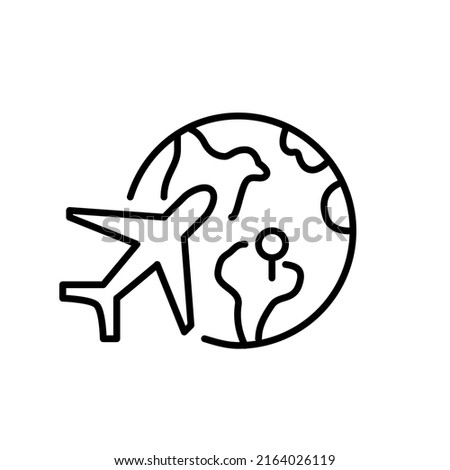 Airplane flying over Earth globe to a pinpoint destination. Pixel perfect, editable stroke line icon