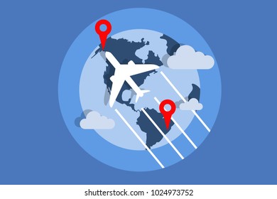 Airplane flying over the Earth to red pin. Traveling, holiday, vacation, business trip concept. Eps vector illustration