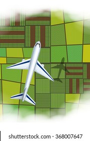 Airplane flying over the farmland illustration