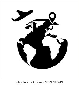 Avión volando sobre el icono del globo, viajar con el concepto de destino. Símbolo de estilo plano y de moda, aislado de fondo blanco. Elemento de ilustración para el diseño de su sitio web