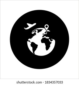 Airplane flying over globe icon, travel with destination concept. Symbol in trendy flat style isolated on white background. Illustration element for your web site design