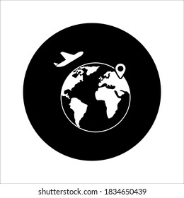 Airplane flying over globe icon, travel with destination concept. Symbol in trendy flat style isolated on white background. Illustration element for your web site design