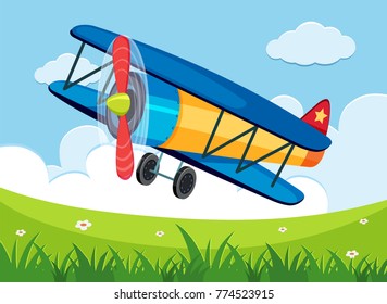 Airplane flying over the green field illustration