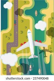 Airplane Flying Over Ground. Vector Illustration.