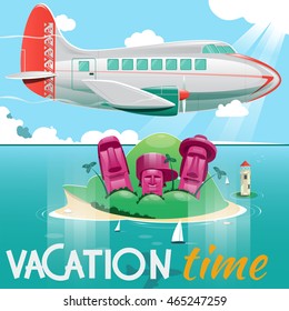 Airplane flying over the island. Cartoon colorful vector illustration
