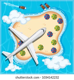 Airplane flying over the island illustration