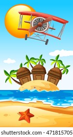 Airplane flying over island illustration