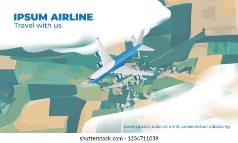 An airplane is flying over low clouds and fields. Vector illustration, eps10