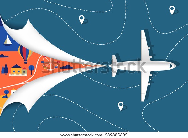 地図上を飛ぶ飛行機 上から表示ベクター旅行のコンセプト 旅のイラスト 観光の背景 のベクター画像素材 ロイヤリティフリー