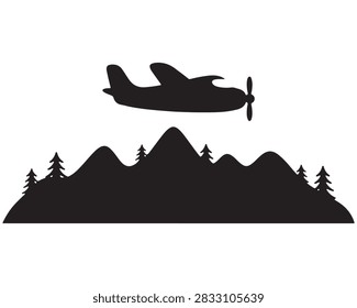 Airplane flying over a mountain range and pine trees silhouette with pine tree airplane mountain silhouette aviation landscape propeller transport adventure wilderness exploration aircraft