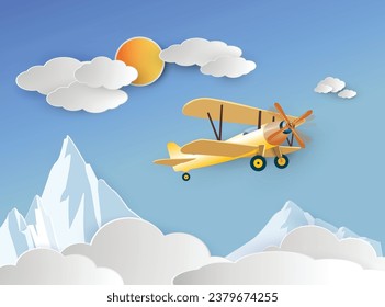 Airplane flying over the mountains among the clouds in the sky with the sun. Vector cartoon illustration in paper cut style for wallpaper, cover, travel card, poster or banner.