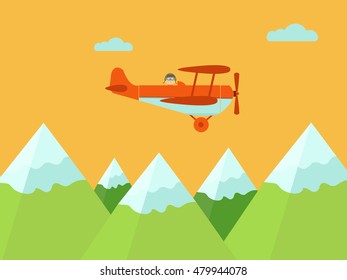 Airplane flying over mountains vector illustration. 