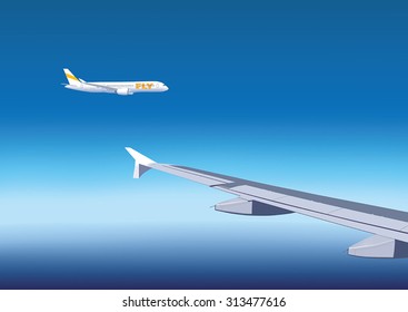 Airplane flying over the ocean, view from window of another airplane.