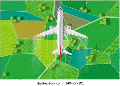 Airplane flying over paddy field landscape vector illustration