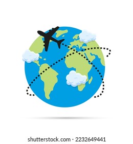 Airplane flying over planet earth icon. Travel concept. Isolated vector illustration.