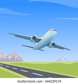 Airplane is flying over the runway, colorful illustration of aircraft. Vector