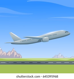Airplane is flying over the runway, colorful illustration of aircraft. Vector
