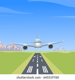 Airplane is flying over the runway, colorful illustration of aircraft. Vector