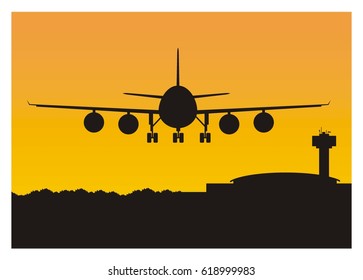 airplane flying over the runway, silhouette illustration
