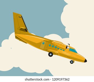Airplane flying over sky with clouds in vintage color stylization. Old retro yellow airplane designed for poster printing. Balsa wood wings, model hobby. Master vector illustration