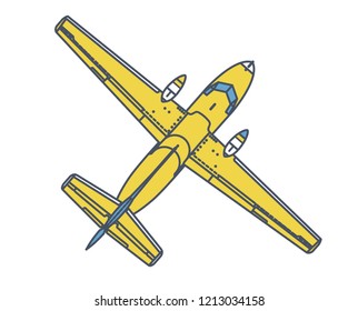 Airplane flying over sky with clouds in vintage color stylization. Outlined retro yellow airplane designed for poster printing. Balsa wood wings, model hobby. Master vector illustration