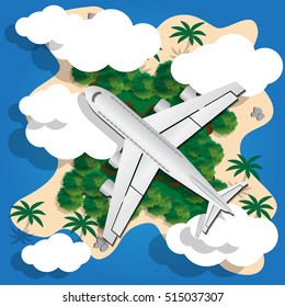 Airplane flying over a tropical island. View from above. Vector illustration.