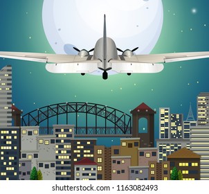 Airplane flying over urban city illustration