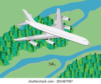 Airplane flying over a valley with pine woods and rivers, dropping a shadow, visible from bird's eye view. 