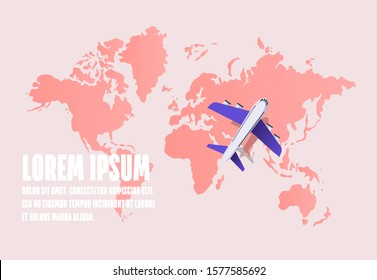 Airplane flying over a world map. Travel and tourism background. Vector illustration