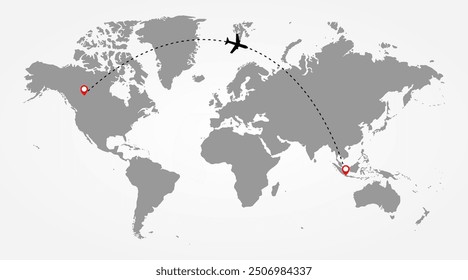 Airplane flying over the world map. Airplane route. Travel concept. Vector illustration.