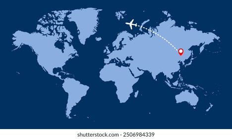 Airplane flying over the world map. Airplane route. Travel concept. Vector illustration.
