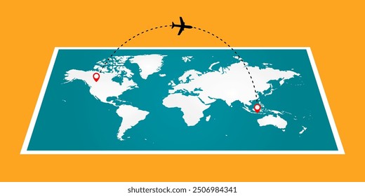 Airplane flying over the world map. Airplane route. Travel concept. Vector illustration.