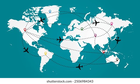 Airplane flying over the world map. Airplane route. Travel concept. Vector illustration.
